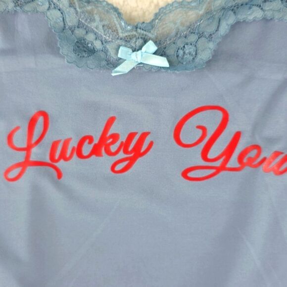 Virghoes Powder Blue Lacy Cami with red text printed Lucky You - Picture 11 of 13